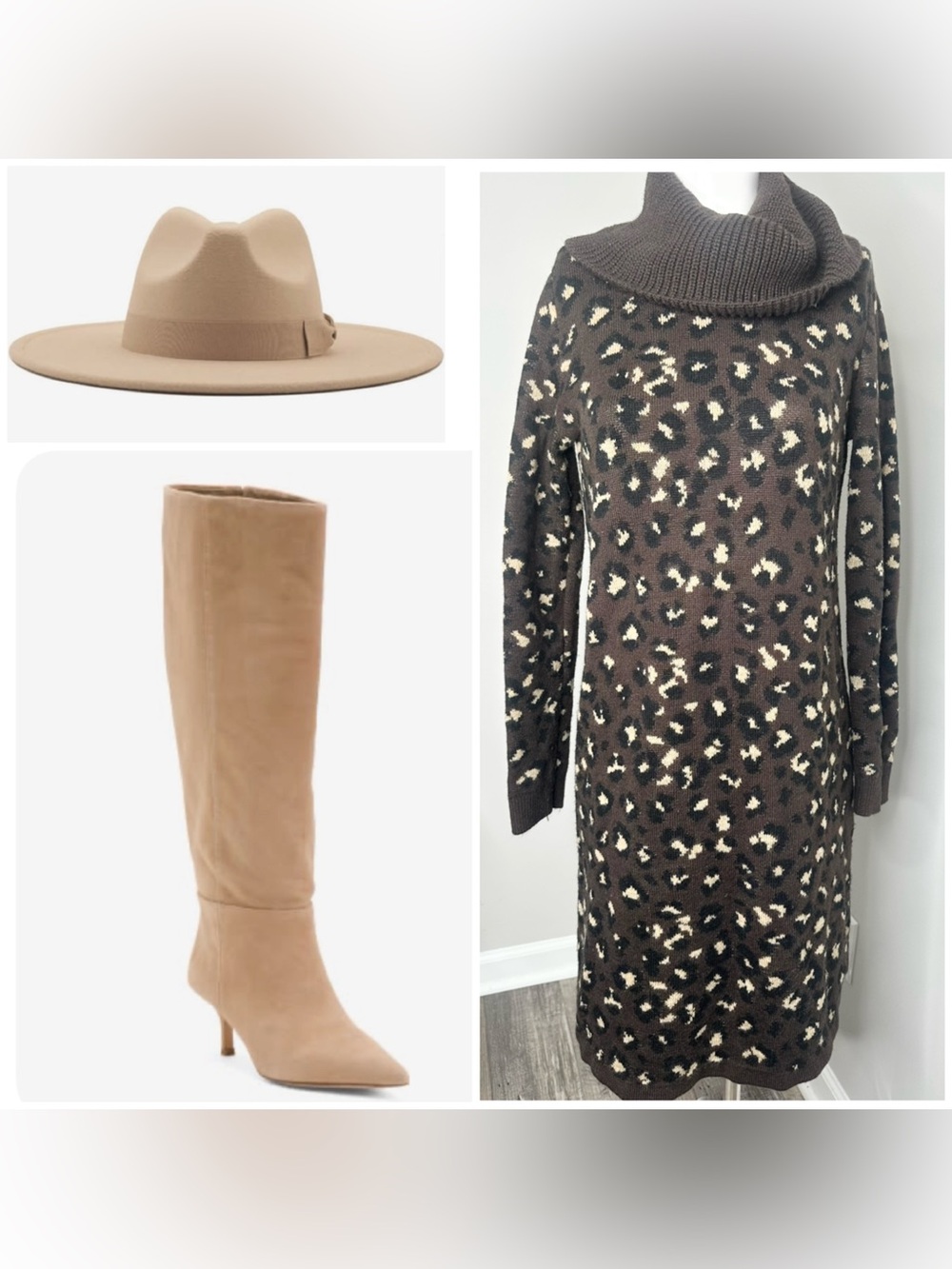 Tommy Hilfiger Brown Leopard-Print Cowl-Neck Midi sweater Dress-small